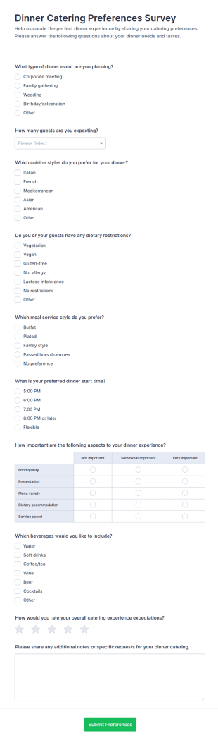Dinner Catering Preferences Survey Form Template