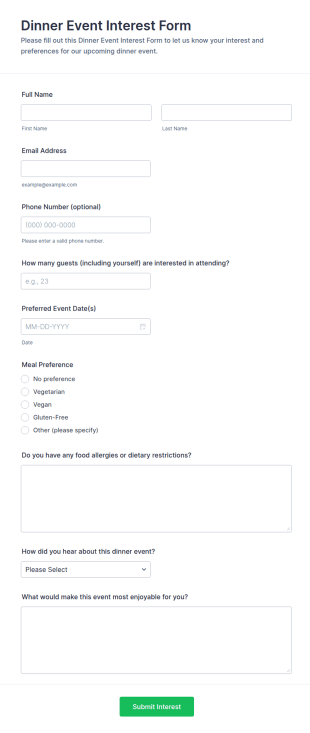 Dinner Event Interest Form Template