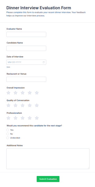 Dinner Interview Evaluation Form Template