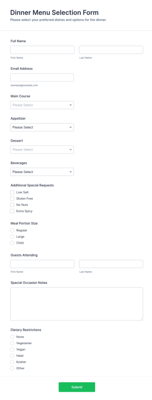 Dinner Menu Selection Form Template