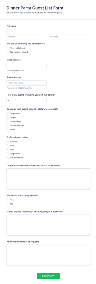 Dinner Party Guest List Form Template