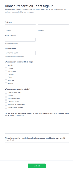 Dinner Preparation Team Signup Form Template