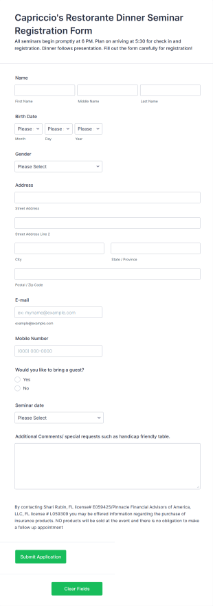 Dinner Seminar Registration Form Template