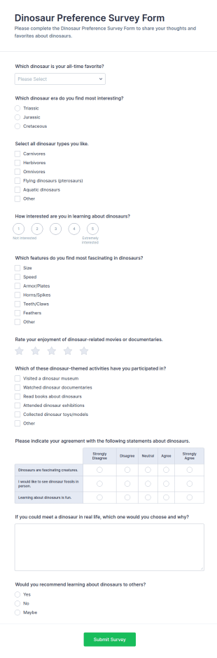 Dinosaur Preference Survey Form Template