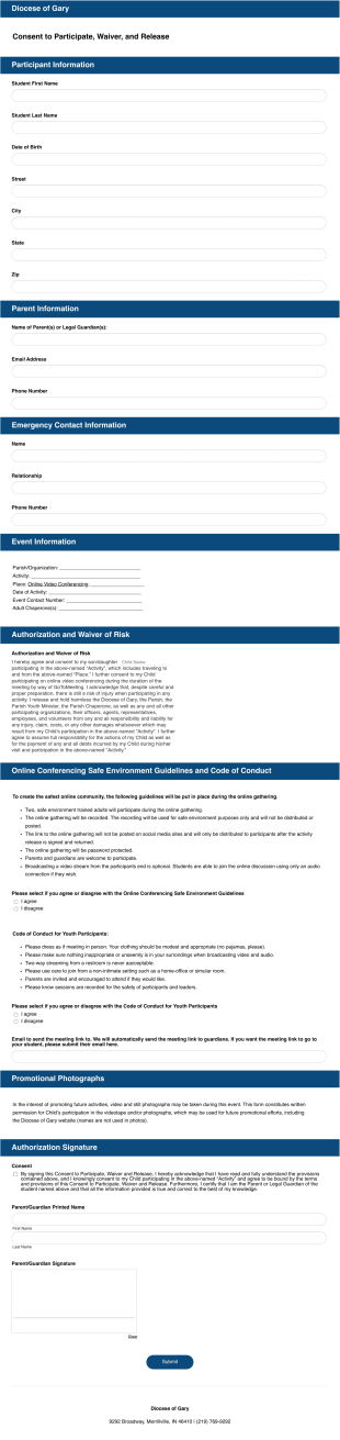 Diocese Of Gary Online Meeting Permission Form Template