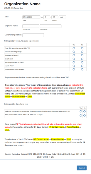 Diocese Of Marquette: COVID 19 Screening Survey (Template)
