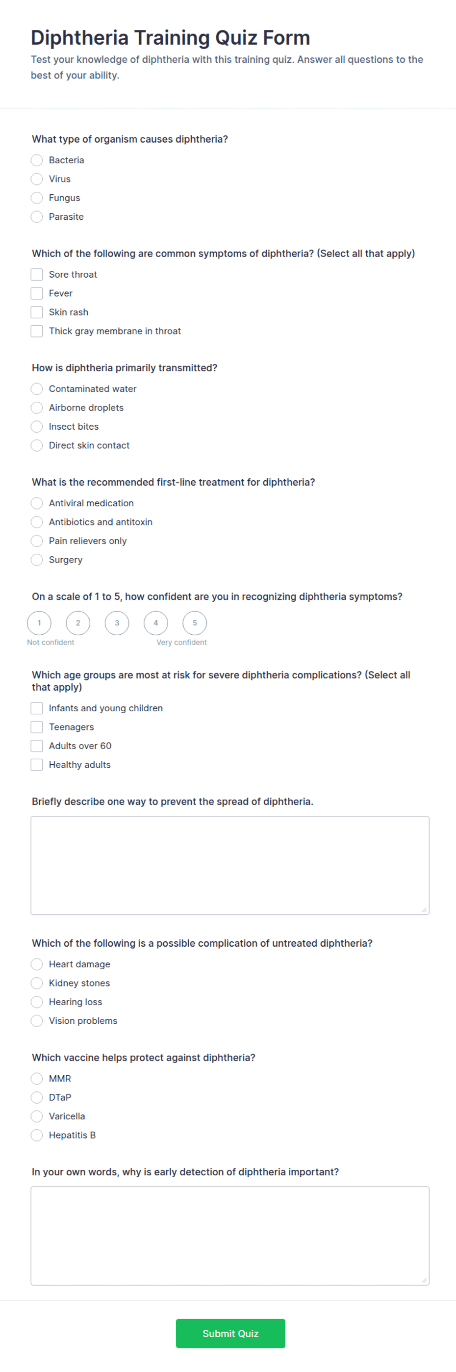 Diphtheria Training Quiz Form Template | Jotform