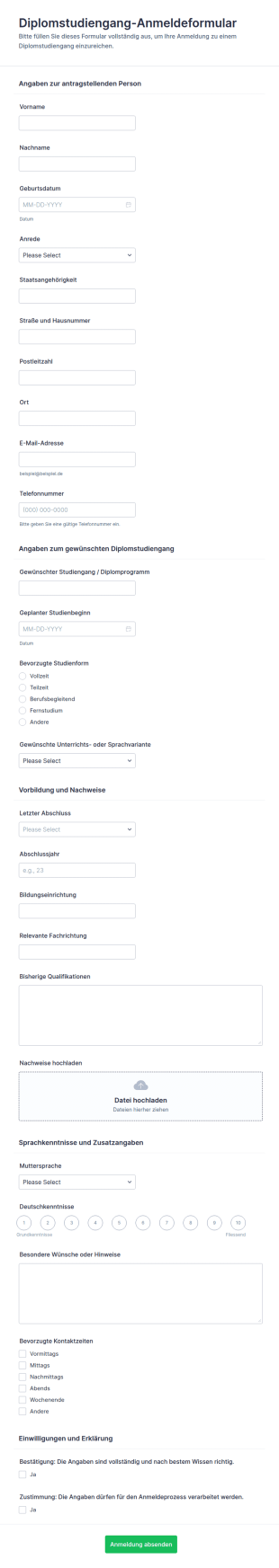 Diplom Einschreibung Formular