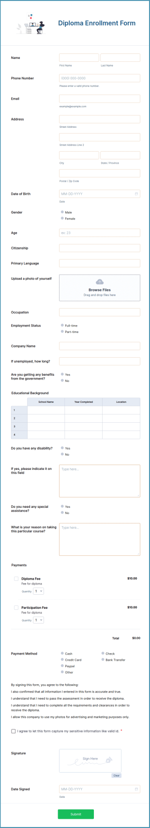 Diploma Enrollment Form Template