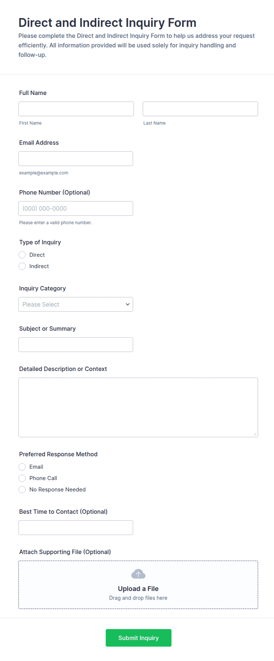 Direct and Indirect Inquiry Form Template | Jotform