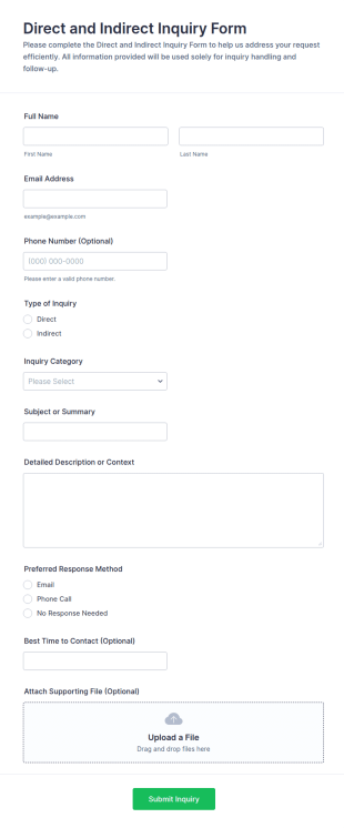 Direct And Indirect Inquiry Form Template