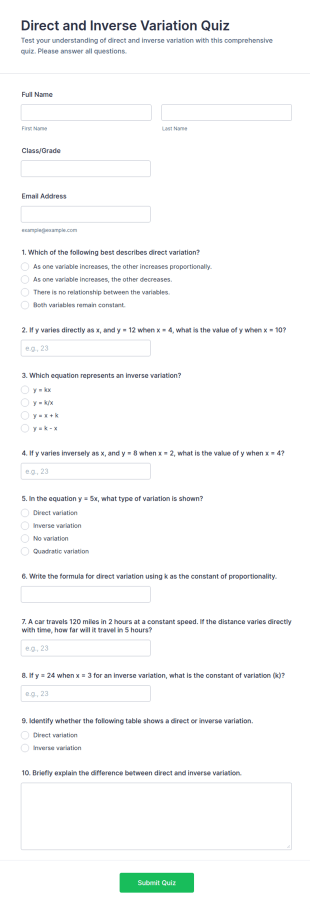 Direct And Inverse Variation Quiz Form Template