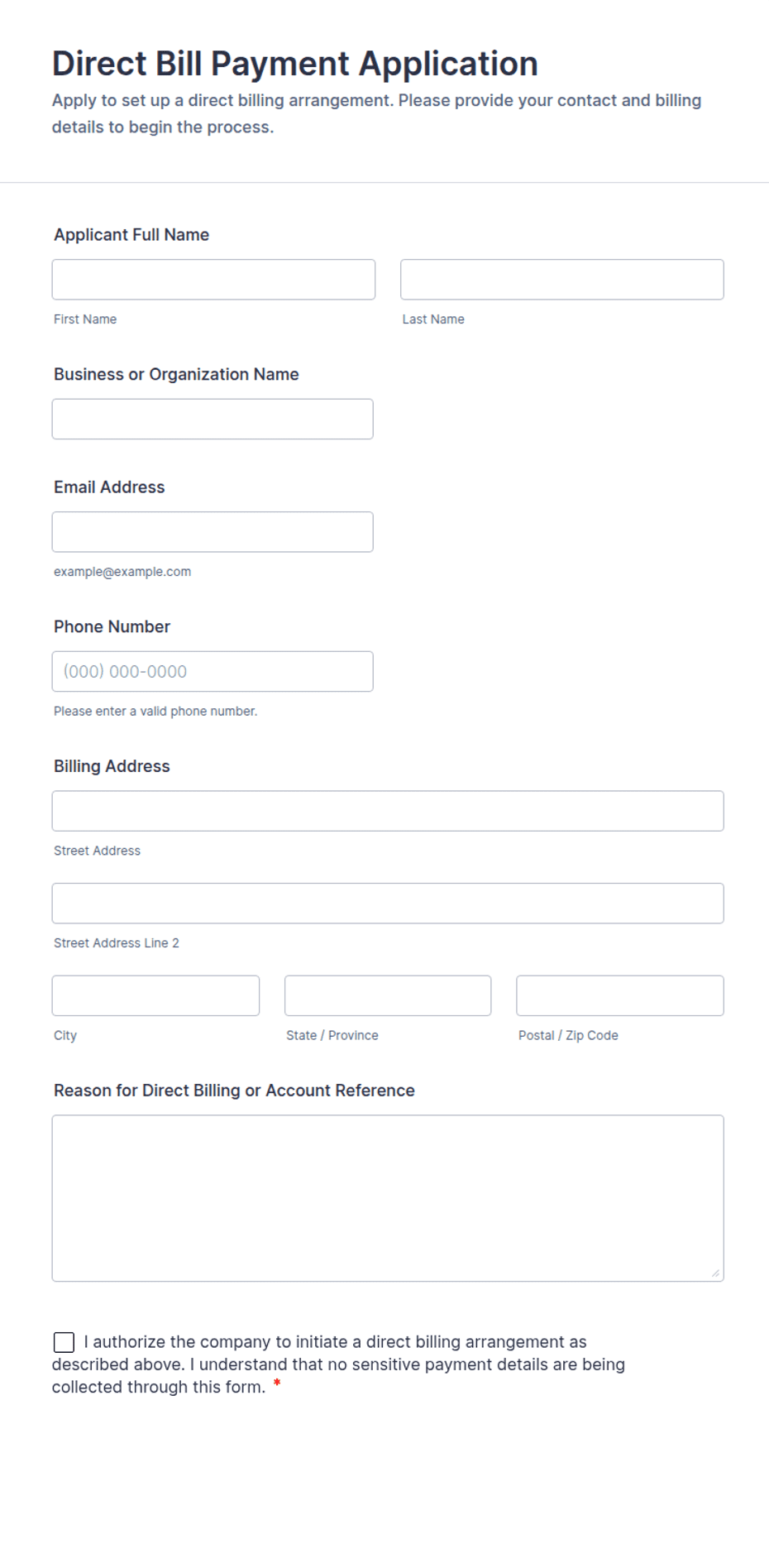 Basic Direct Billing Application Form Direct Bill Payment Application Form Template | Jotform