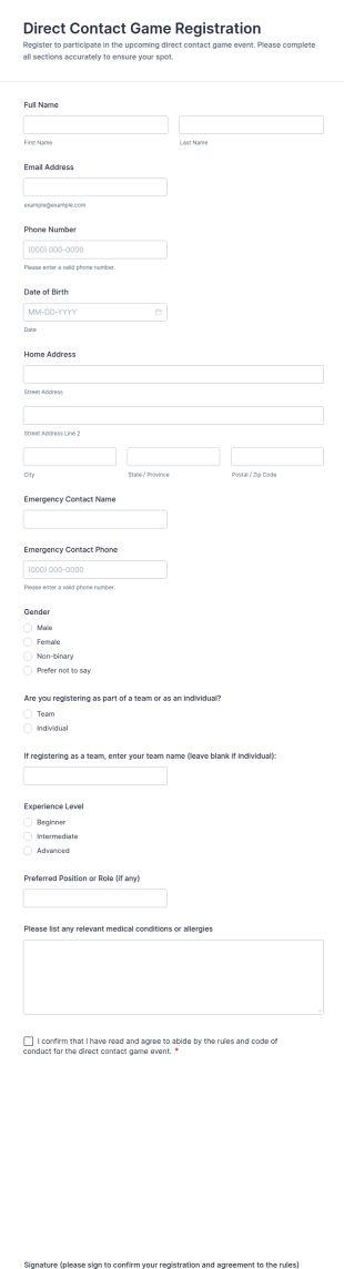 Direct Contact Game Registration Form Template