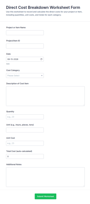Direct Cost Breakdown Worksheet Form Template