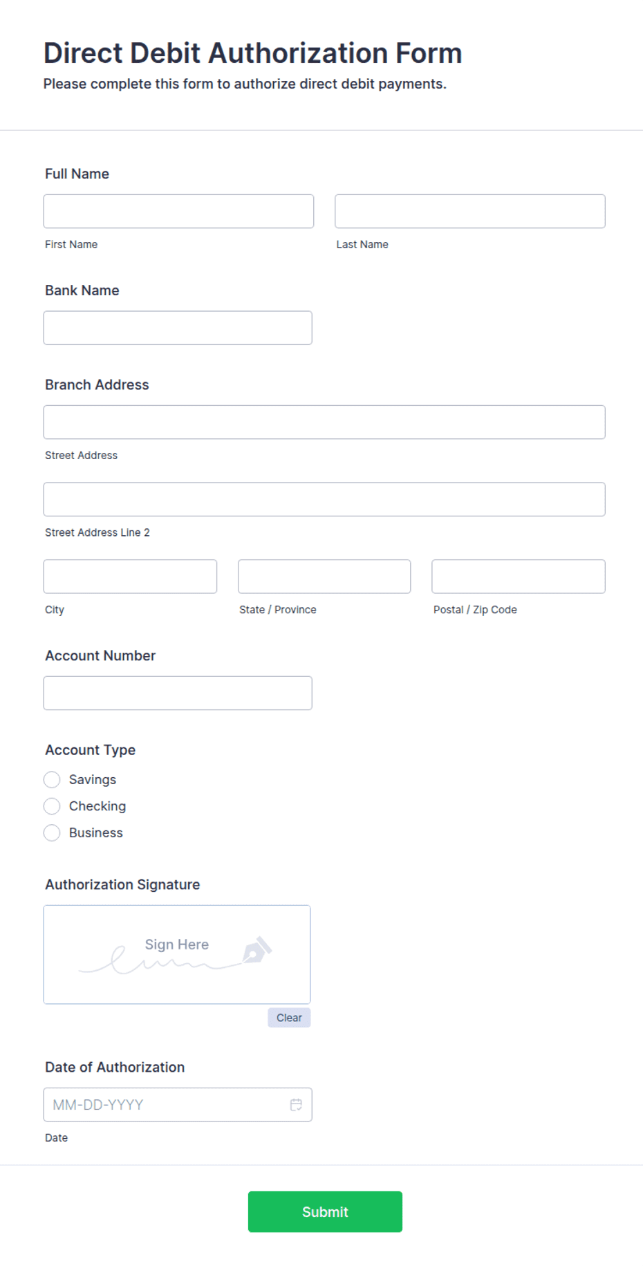 Direct Purchasing Form Direct Debit Authorization Form Template | Jotform