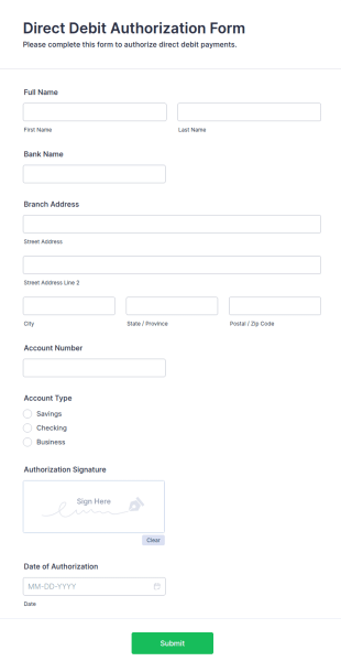 Direct Debit Authorization Form Template