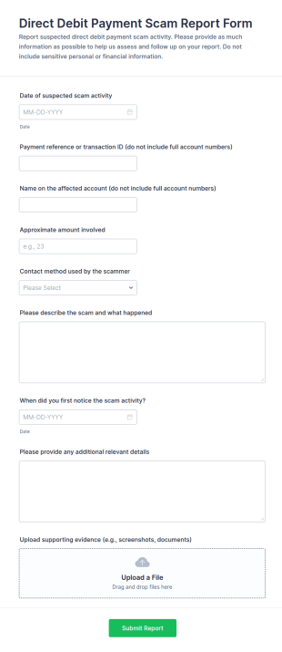 Direct Debit Payment Scam Report Form Template