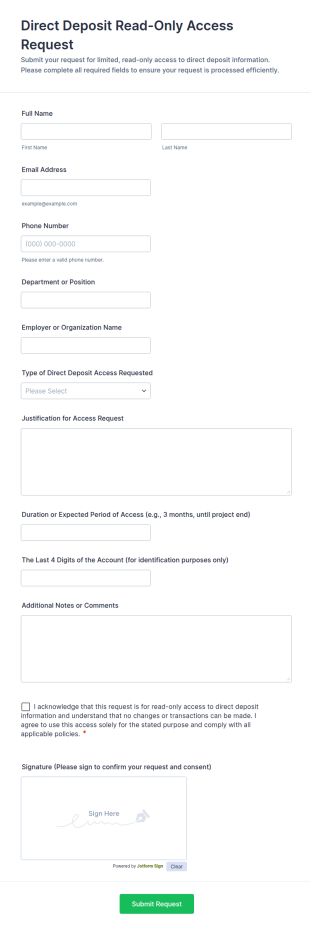 Direct Deposit Read Only Access Request Form Template