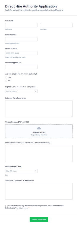 Direct Hire Authority Application Form Template