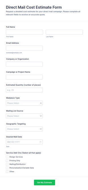 Direct Mail Cost Estimate Form Template