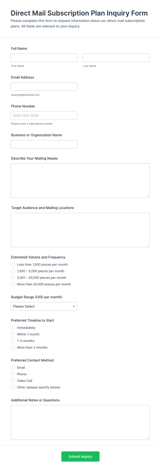 Direct Mail Subscription Plan Inquiry Form Template