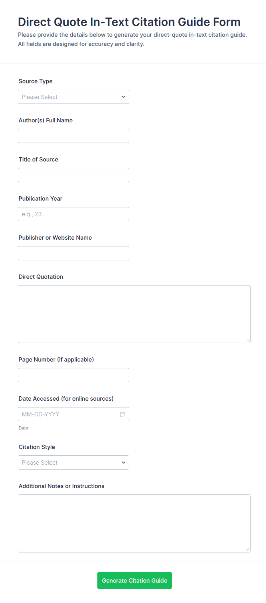 Direct Quote In-Text Citation Guide Form Template | Jotform