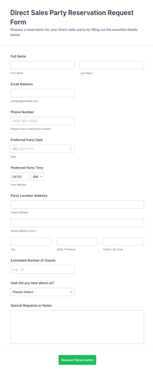 Direct Sales Party Reservation Request Form Template