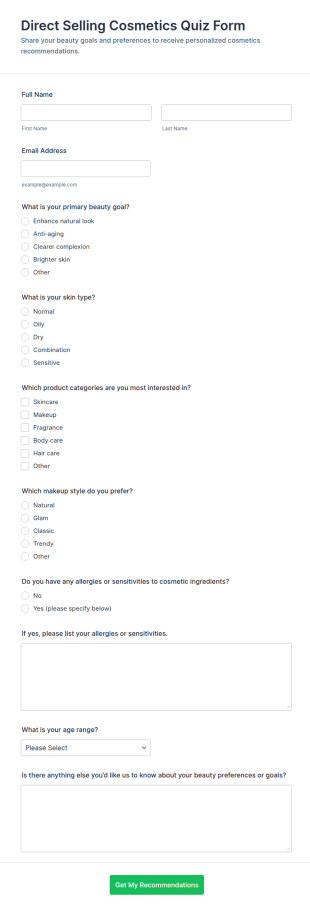 Direct Selling Cosmetics Quiz Form Template