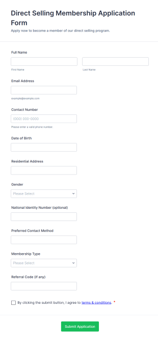 Direct Selling Membership Application Form Template