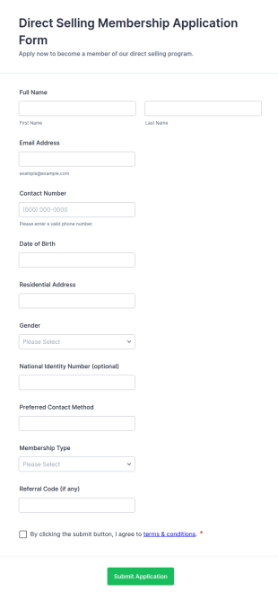 Direct Selling Membership Application Form Template