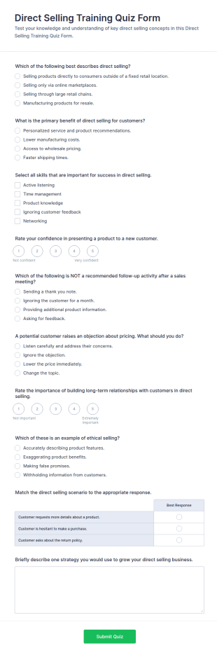 Direct Selling Training Quiz Form Template