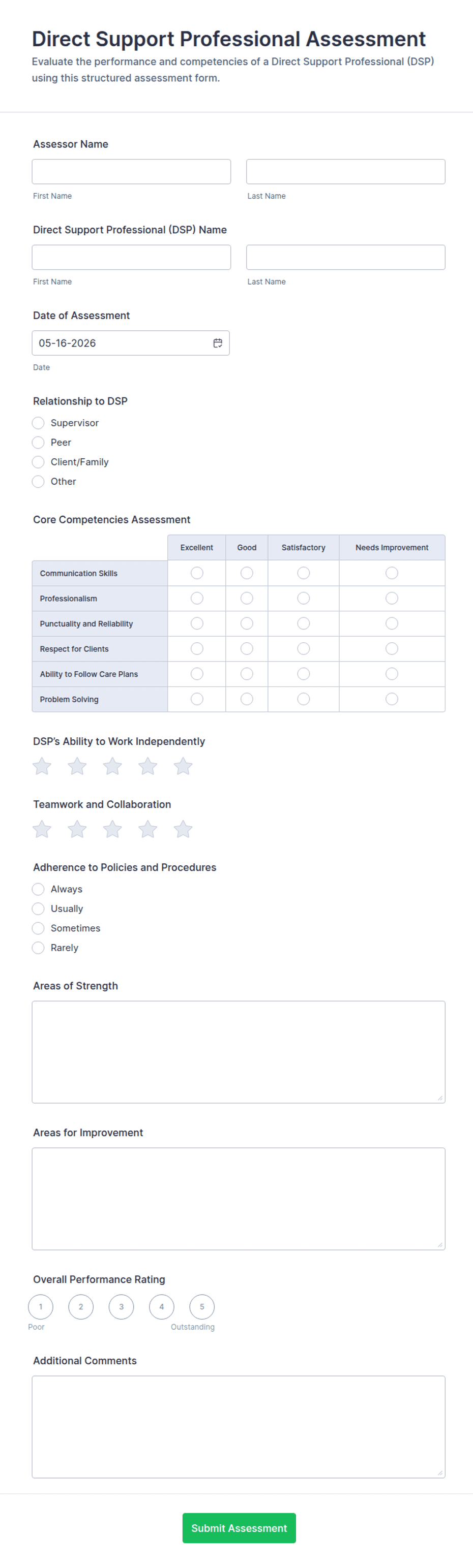 Direct Support Professional Notes Examples Direct Support Professional Assessment Form Template | Jotform