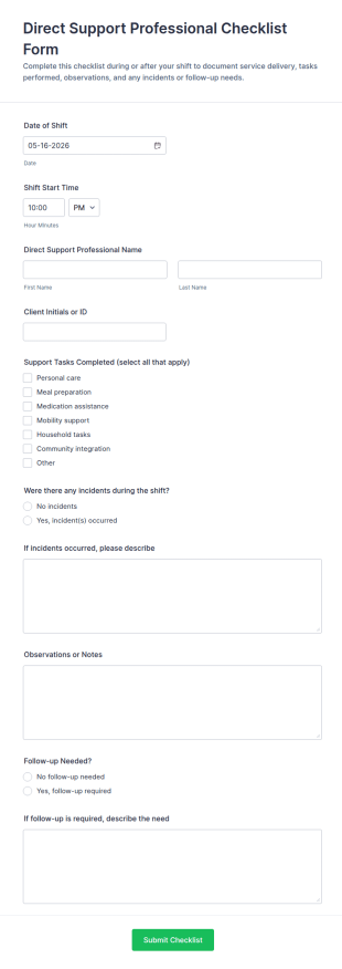 Direct Support Professional Checklist Form Template