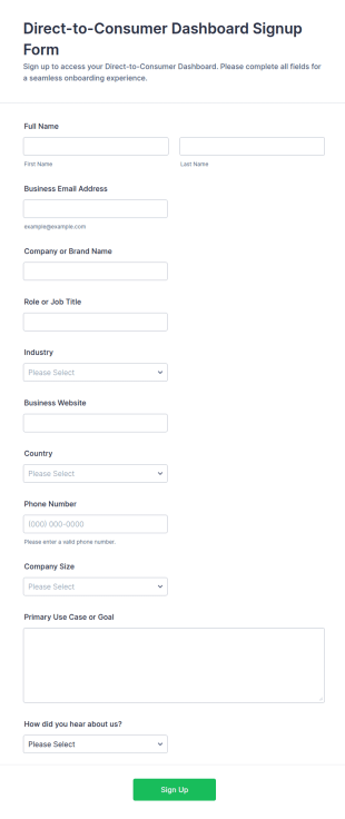 Direct To Consumer Dashboard Signup Form Template