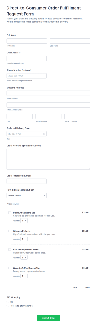 Direct To Consumer Order Fulfillment Request Form Template
