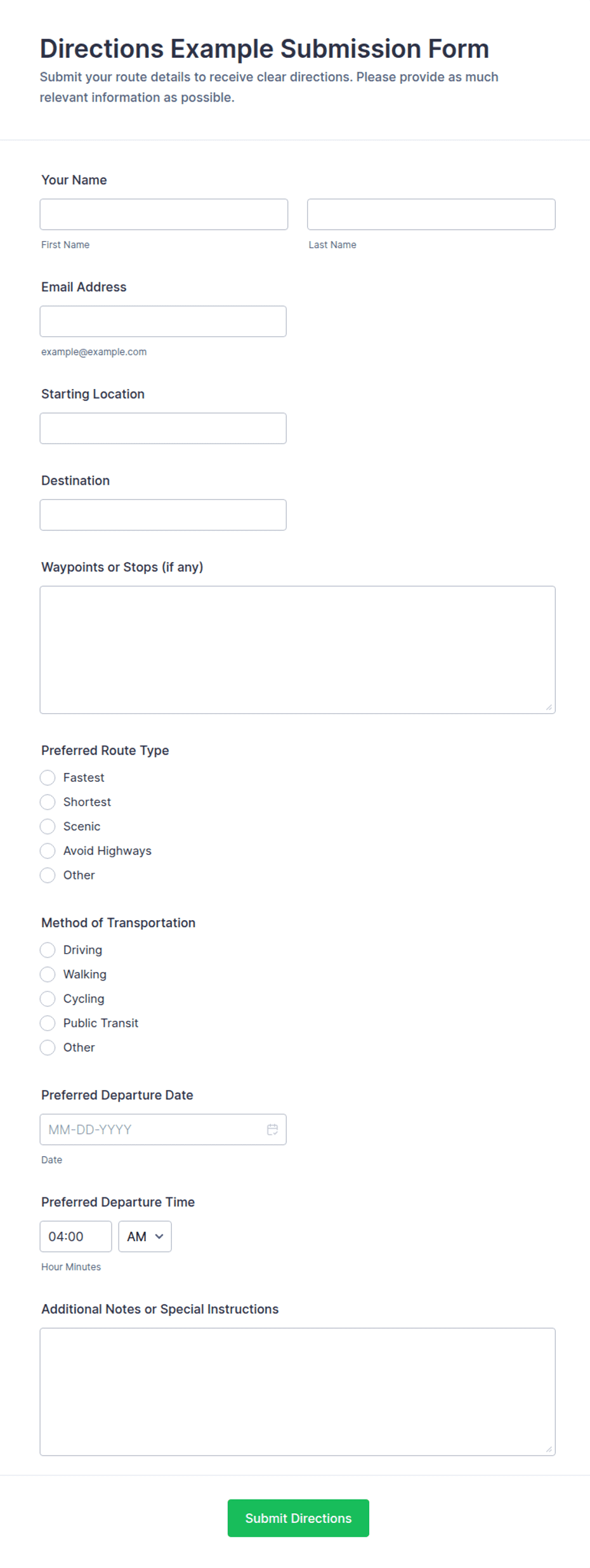 Directions Example Submission Form Template | Jotform