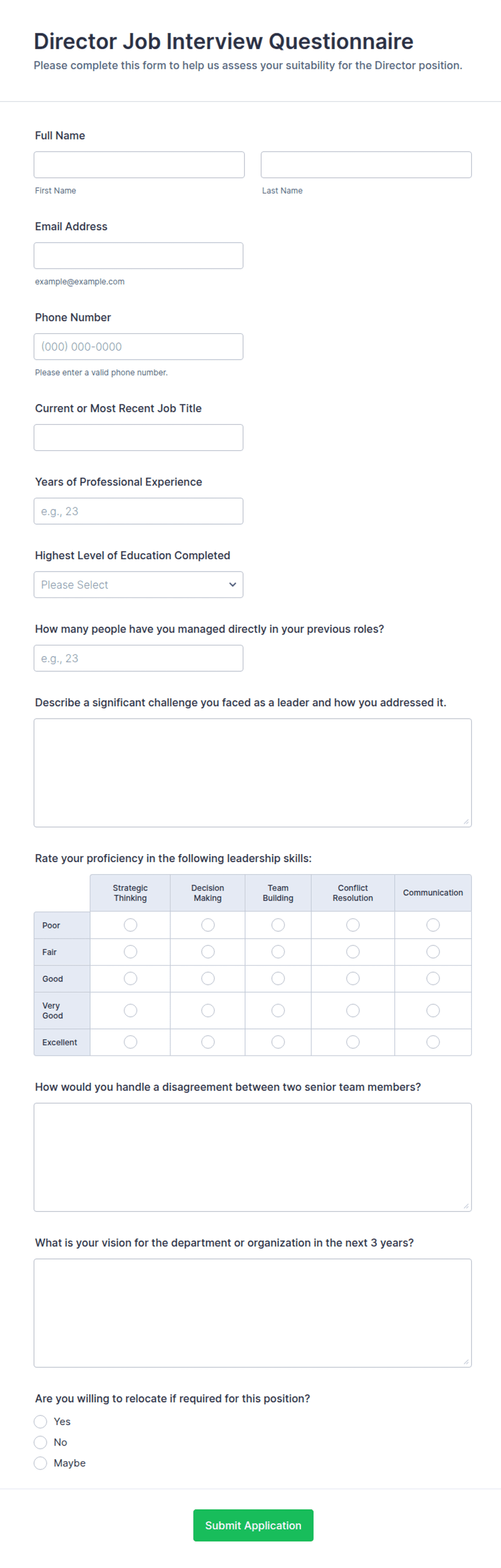 Director Job Interview Questionnaire Form Template | Jotform