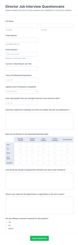 Director Job Interview Questionnaire Form Template
