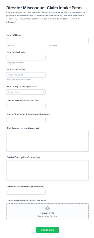 Director Misconduct Claim Intake Form Template
