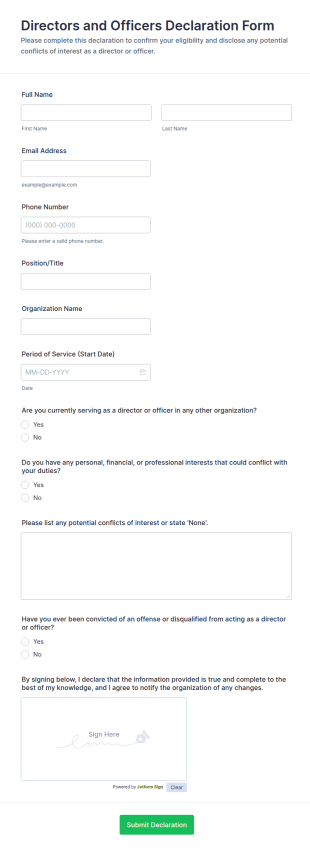 Directors And Officers Declaration Form Template