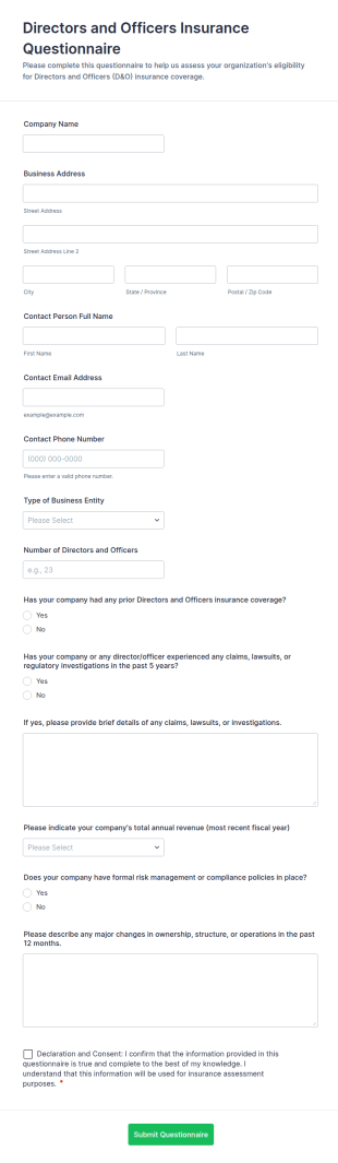 Directors And Officers Insurance Questionnaire Form Template