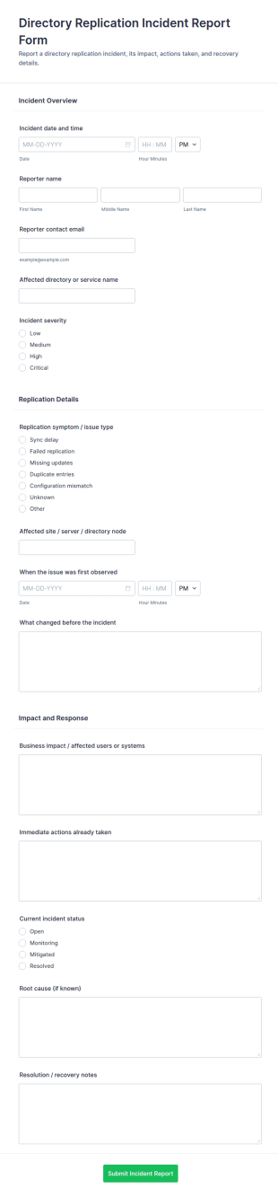 Directory Replication Incident Report Form Template