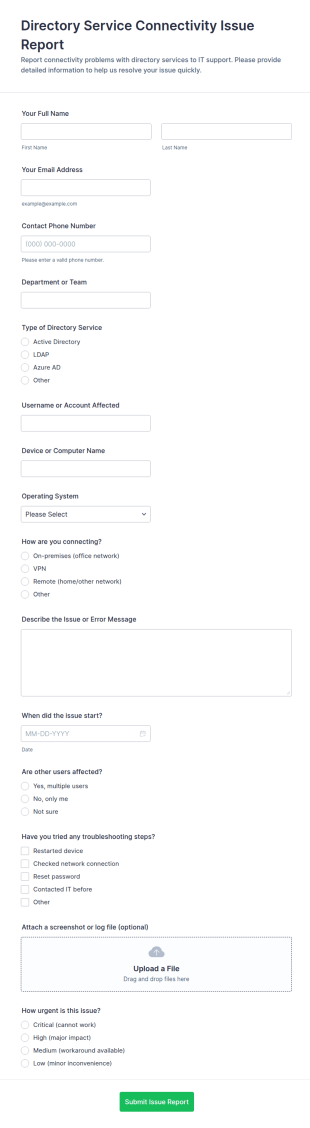 Directory Service Connectivity Issue Report Form Template