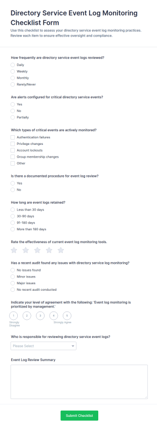Directory Service Event Log Monitoring Checklist Form Template