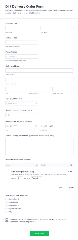 Dirt Delivery Order Form Template