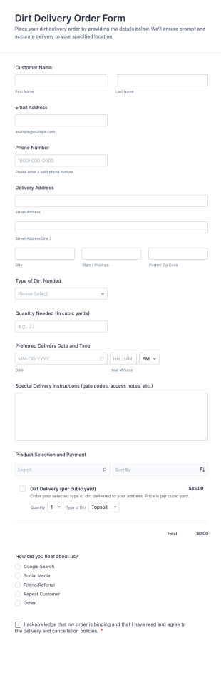 Dirt Delivery Order Form Template