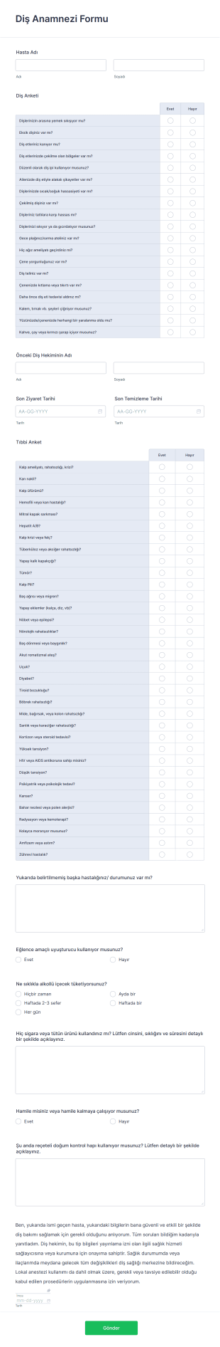 Diş Anamnezi Form Template