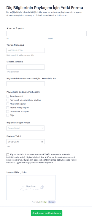 Diş Bilgilerinin Paylaşımı İçin Yetki Form Şablonu