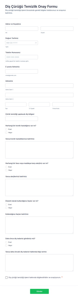 Diş Çürüğü Temizlik Onay Form Şablonu